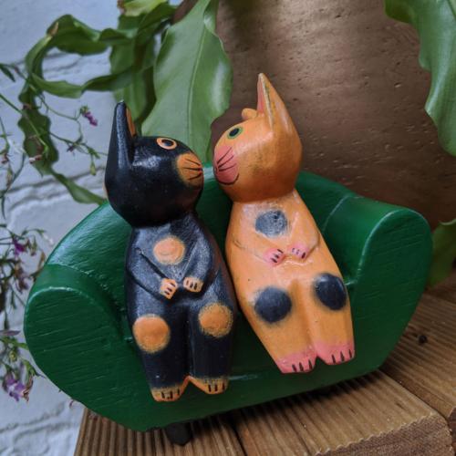 2 Wooden Cats on Green Sofa Ornament, fun Fair Trade Gift