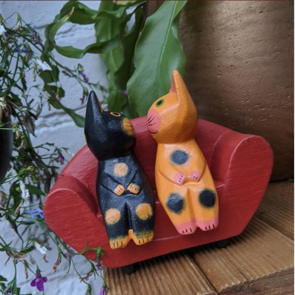 2 Wooden Cats on Red Sofa Fun Cute Ornament