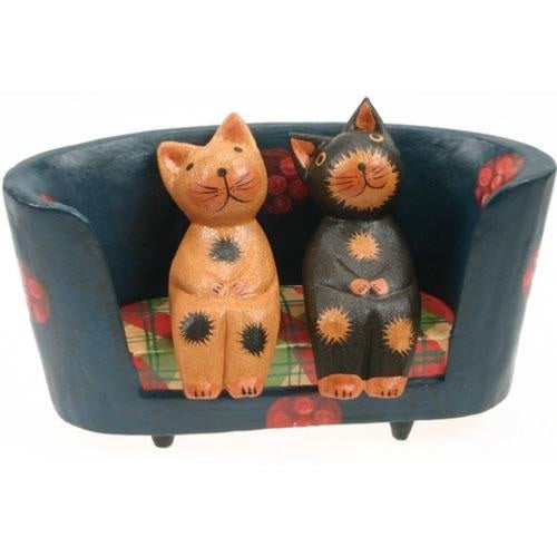 2 Wooden Cats on a Sofa with Flowers Ornament