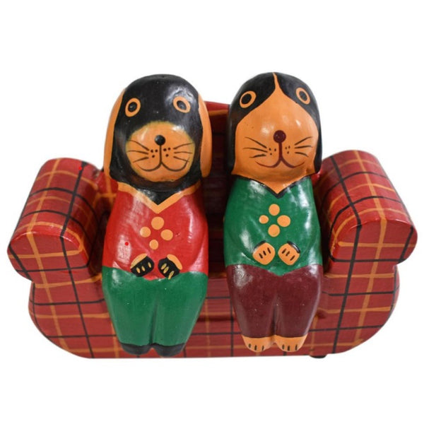 2 Wooden Dogs on a Tartan Sofa Ornament