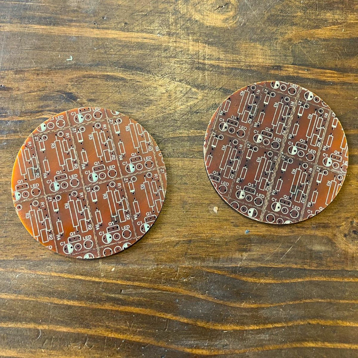 The back of a pair of Computer Circuit Board Coasters