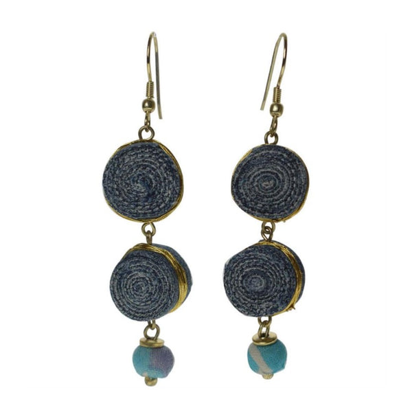 Earrings Denim, 2 Coils & Cloth Bead - Voyage Fair Trade