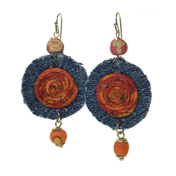 Earrings Denim, Inner Spiral 2 Cloth Beads - Voyage Fair Trade