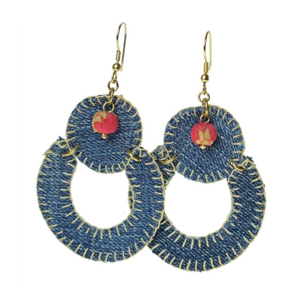 Earrings Recycled Denim Drop Ring & Circle - Voyage Fair Trade