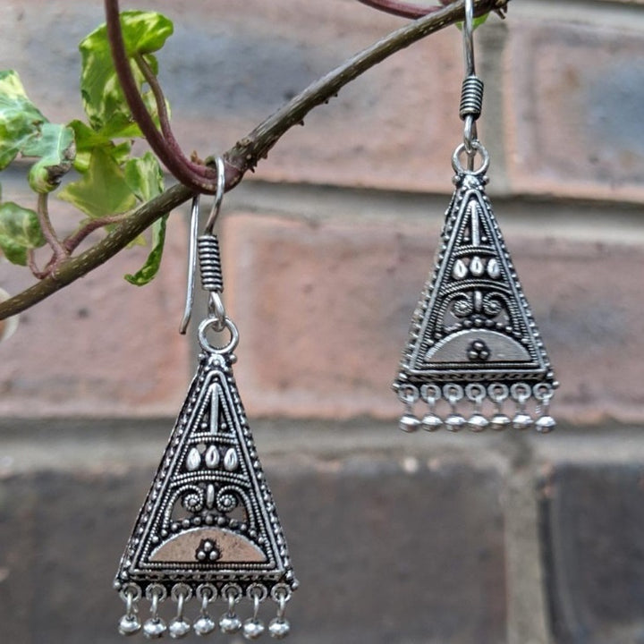 Earrings Silver Colour Triangle Hanging Beads - Voyage Fair Trade