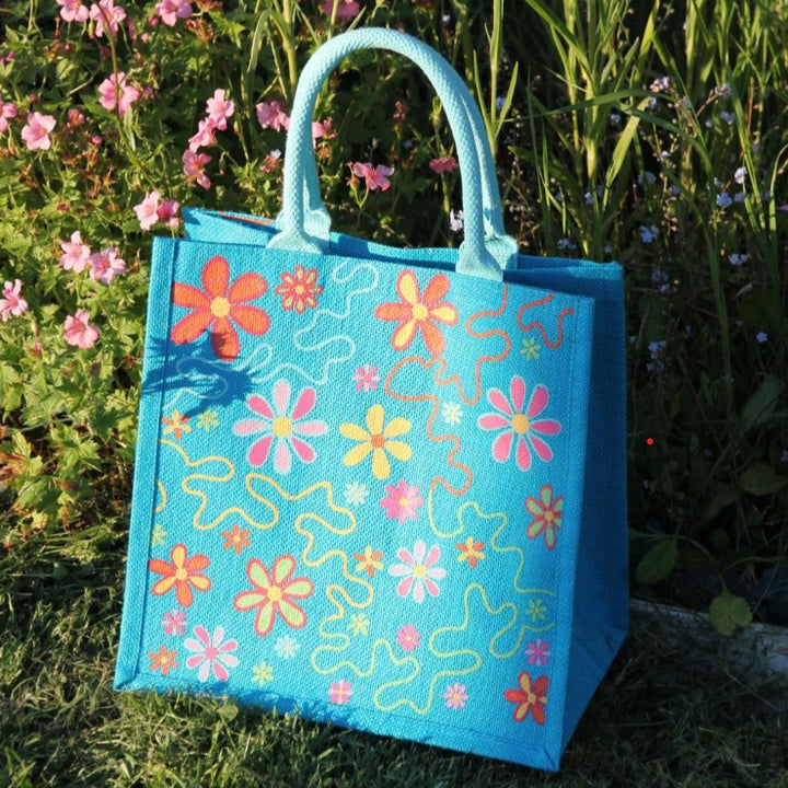 Flowers on Blue Shopping Jute Bag - Voyage Fair Trade