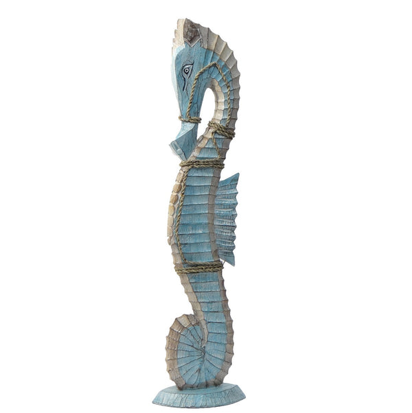 Large Wooden Seahorse Statue Blue