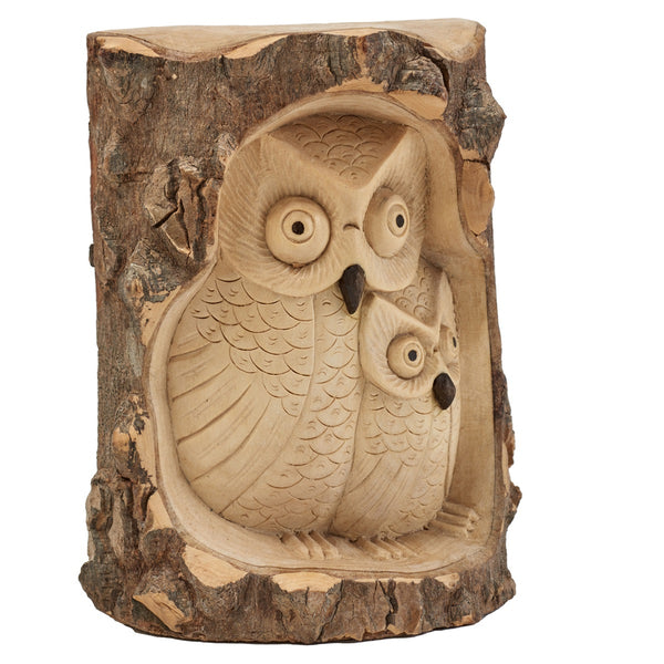 Natural Wooden Owl & Owlet in Tree Trunk