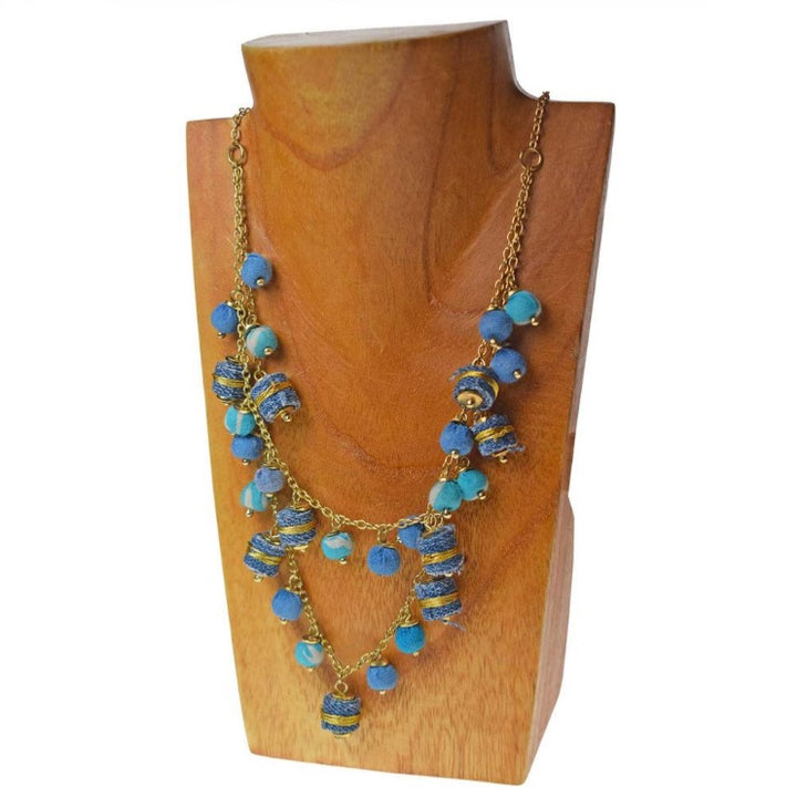 Necklace Denim, Multi-Cloth Beads - Voyage Fair Trade