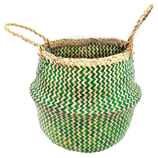 Seagrass Basket Woven Natural & Green 35cm - Voyage Fair Trade