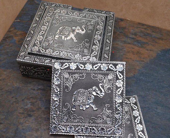 Set of 4 Aluminium Elephant Coasters with Holder - Voyage Fair Trade