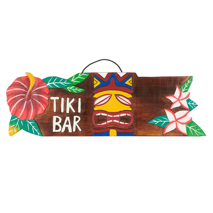 Wooden Tiki Bar with Mask Sign