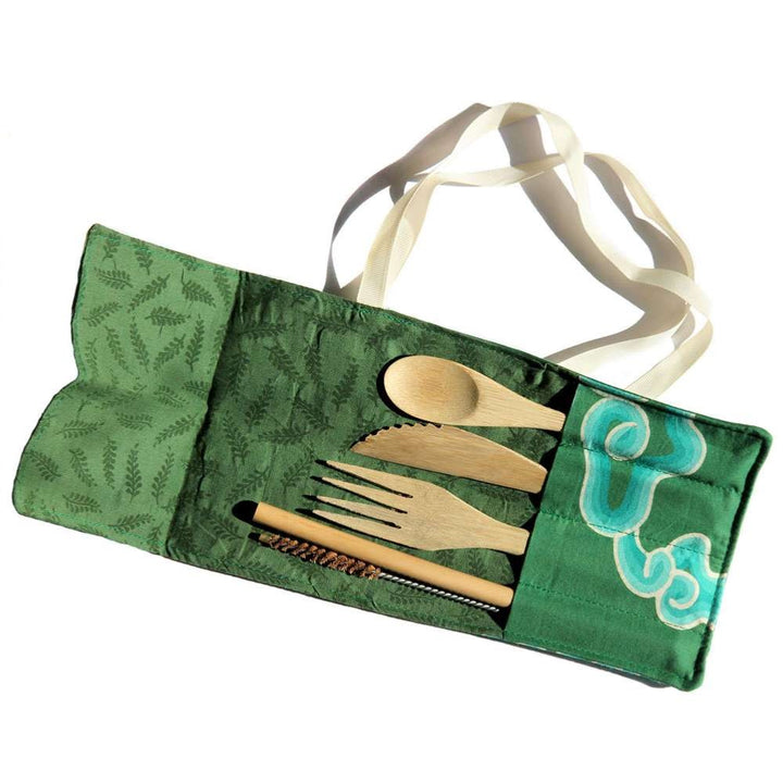 Bamboo Cutlery Set with Green Bag